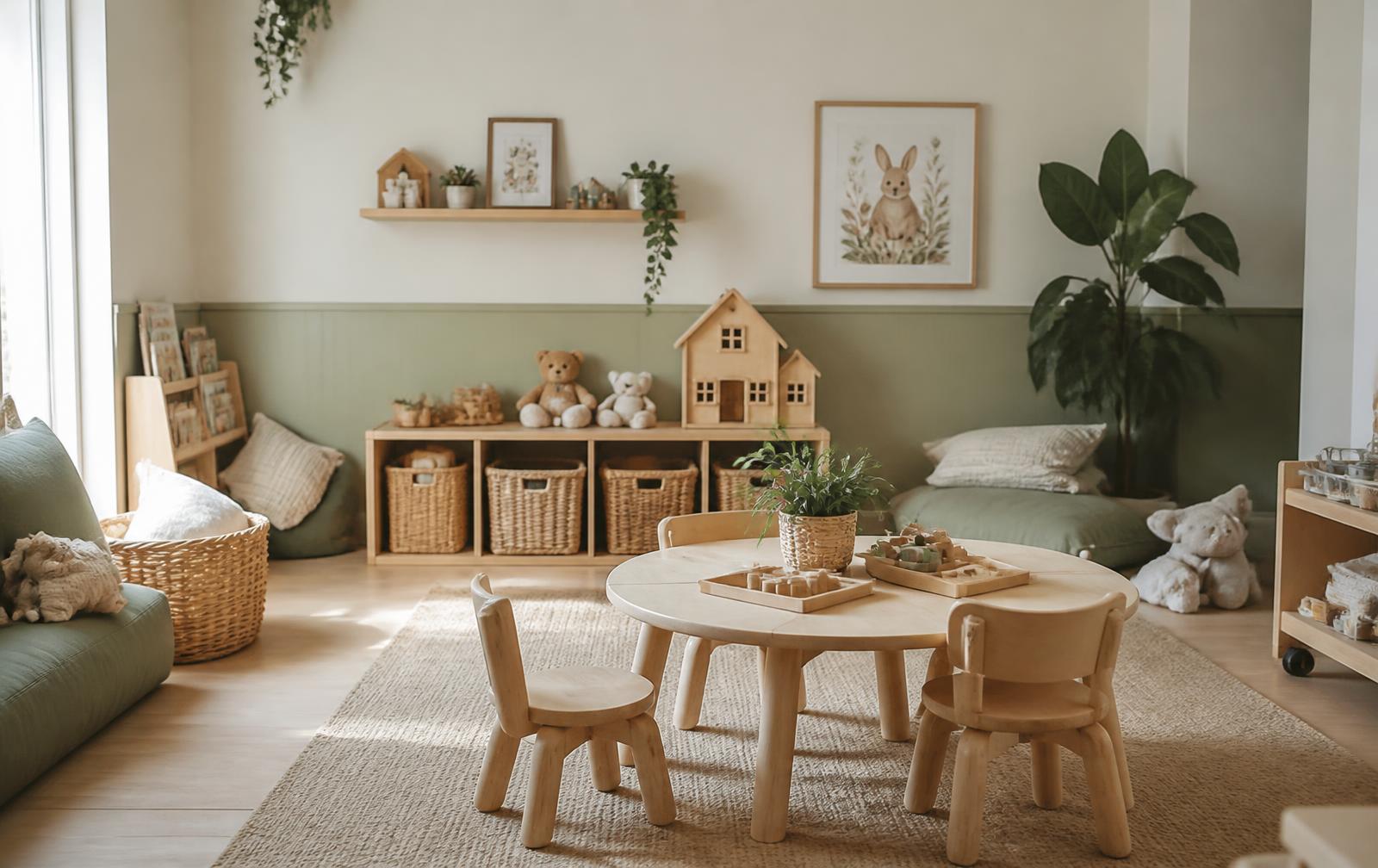 A calm, tidy nursery room with wooden furniture and soft seating
